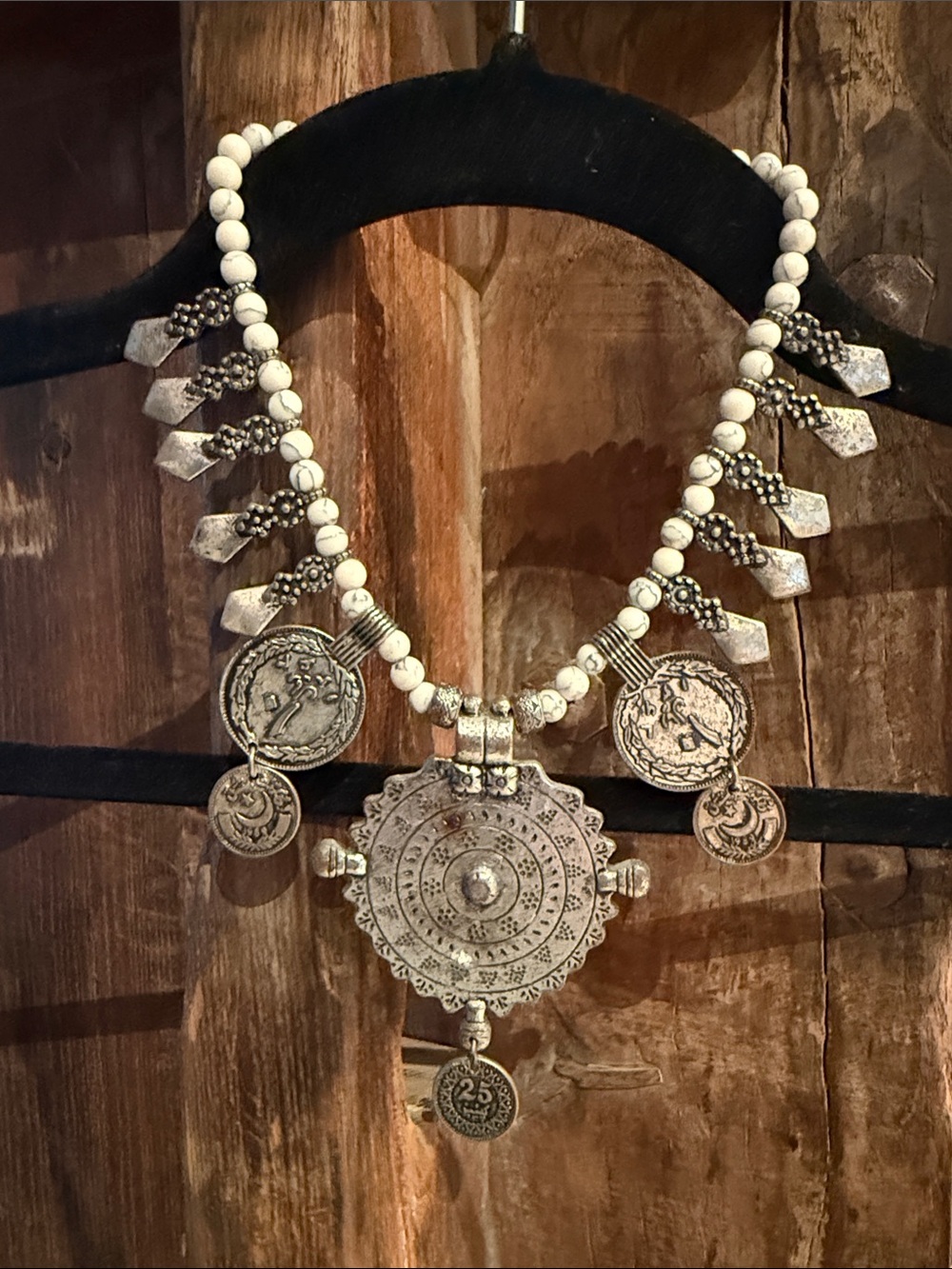Free People White Beaded Silver-Tone Coin Medallion Choker